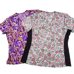 2‎ Divine Stretch Womens Scrub Tops Large Purple Coffee Donut Print Nurse Dental